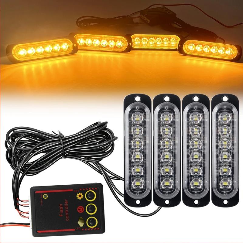 4pcs 6 Led Strobe Side Warning Lights 12V-24V Strobe Grille Flashing Lightbars Cars Truck Beacon Lamp Amber Traffic Lights White