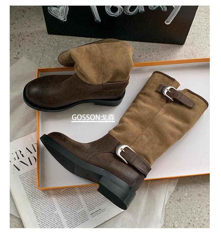 

Retro Boots Women s Boots 2025 New Heel Round Head Splicing Western Boots Pleated Pile Boots Knight Boots 40 коричневый