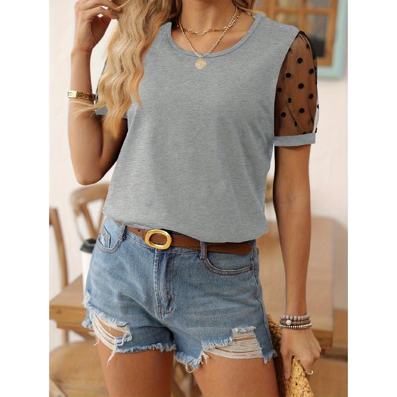 2026 New Polka Dot Mesh Patchwork Short Sleeve T-Shirt for Women, Elegant and Stylish Round Neck Top