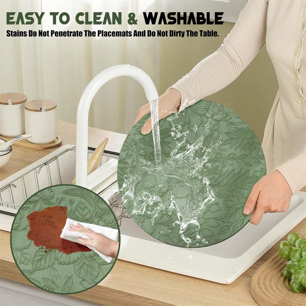 Placemats,Dual Sided PU Leather Place Mats, Heat Resistant Waterproof No-Slip, Washable Round Floral Kitchen Coffee Table Mats
