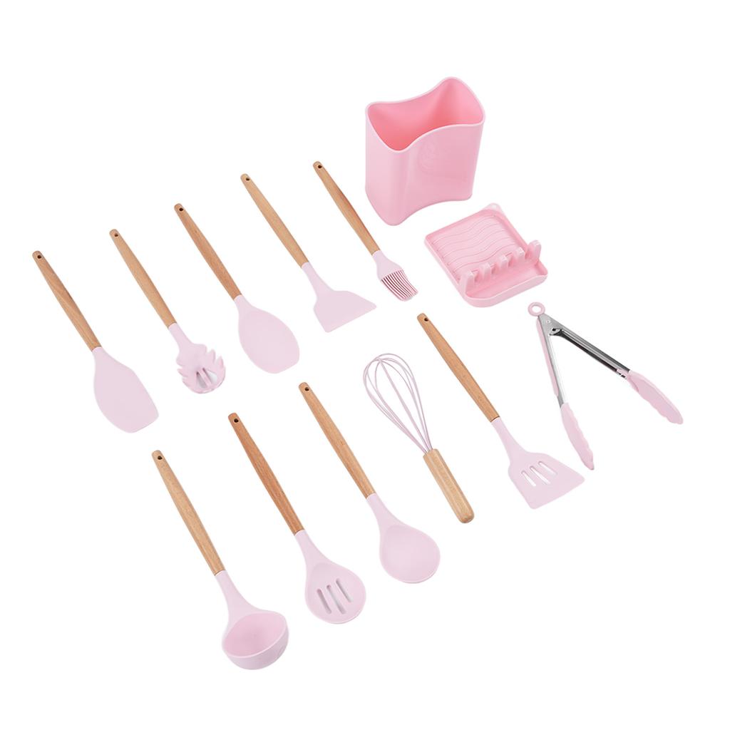 13Pcs Silicone Utensils Set Good Insulation Wooden Handle Food Grade Silicone Nonstick Utensils Set for Home Camping