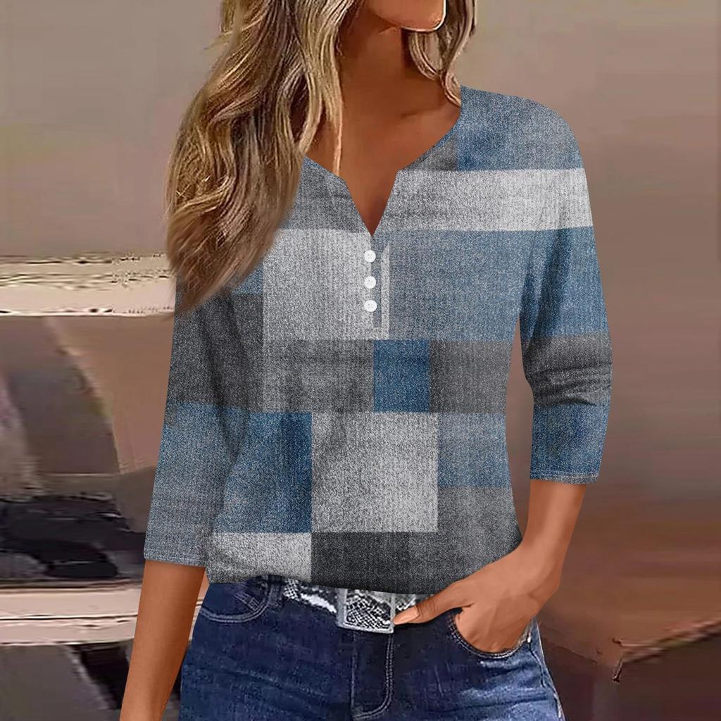 Women's T Shirt Tee Print Button 3/4 Sleeve Knit Sweater Daily Weekend Fashion Basic V- Neck Regular Top