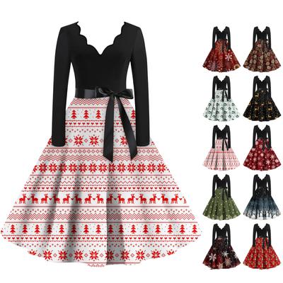 Women's Casual Fashion V-neck Long Sleeved Retro Christmas Print Retro Dress Autumn