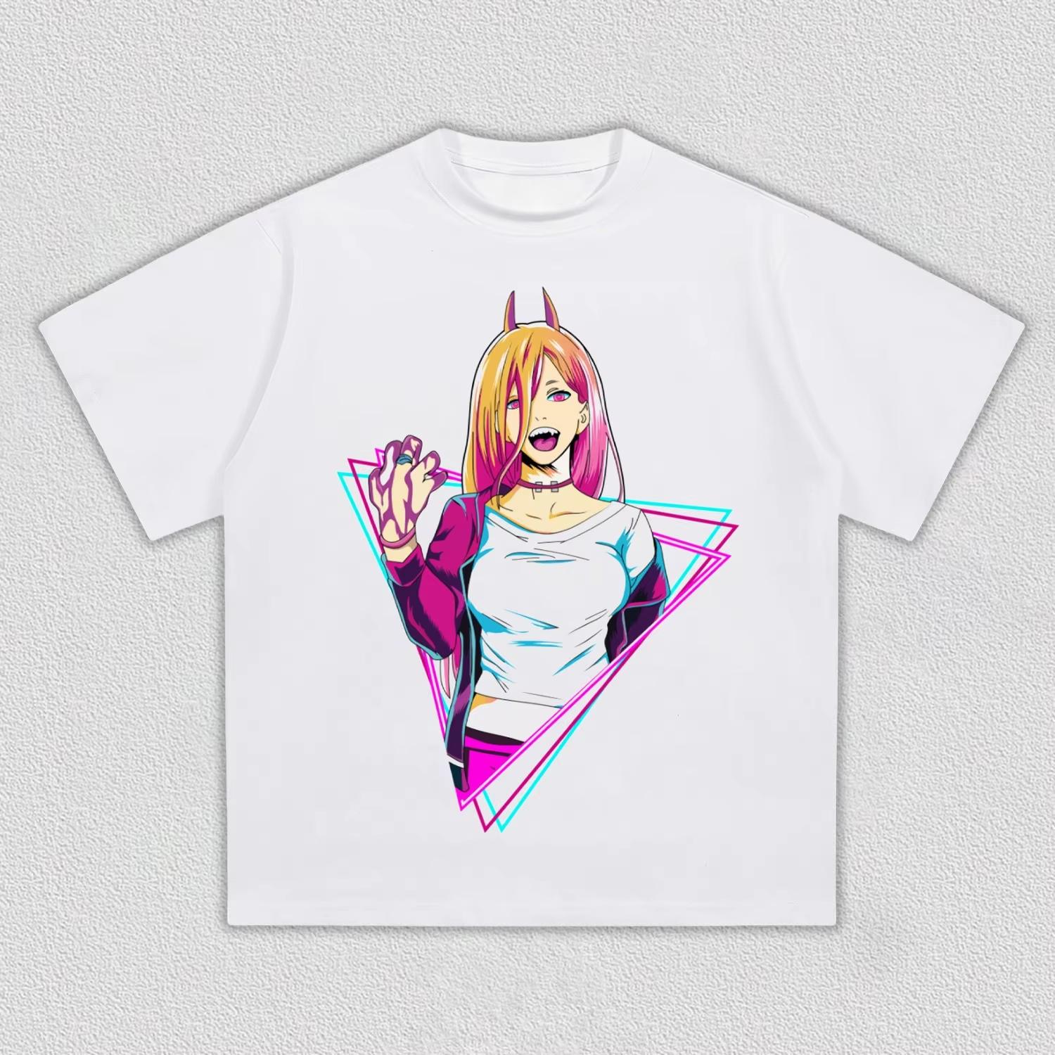 Unisex Chainsaw Man Power Neon Triangle Graphic T-Shirt, Anime Manga Fan Print Casual Streetwear T-shirt 4XL