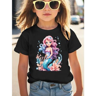 Girls Crewneck Summer Tee, Cute Cartoon Mermaid Princess Print Sweet Versatile Casual Short Sleeve Kids Top