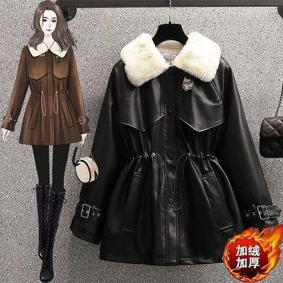 Autumn and Winter Large Size Women's Clothing New Temperament Waist Fur Integrated Locomotive Velvet Leather Jacket Women