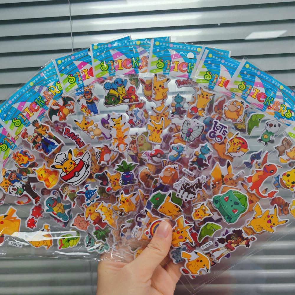 12Sheets Cute Anime Pokemon Stickers Kawaii 3D Pikachu Decals Kids Toys Cartoon Bubble Paste Thicken The Reward Sticker Gifts