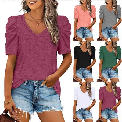 Women's  Fashion Summer Sexy Casual Loose T-Shirt Tops V-Neck Short Sleeve Tops Solid Color  Tops
