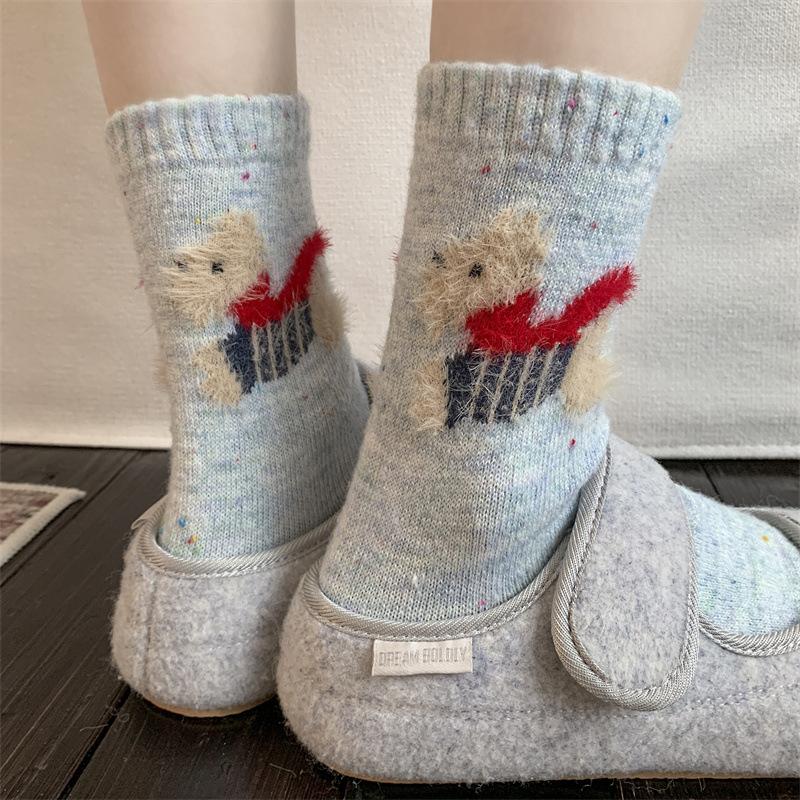 Autumn and Winter Socks: Women's Mid-calf Socks, Thickened Cashmere, Warm and Cute Wool Socks, Grey Girls' Long Calf Socks
