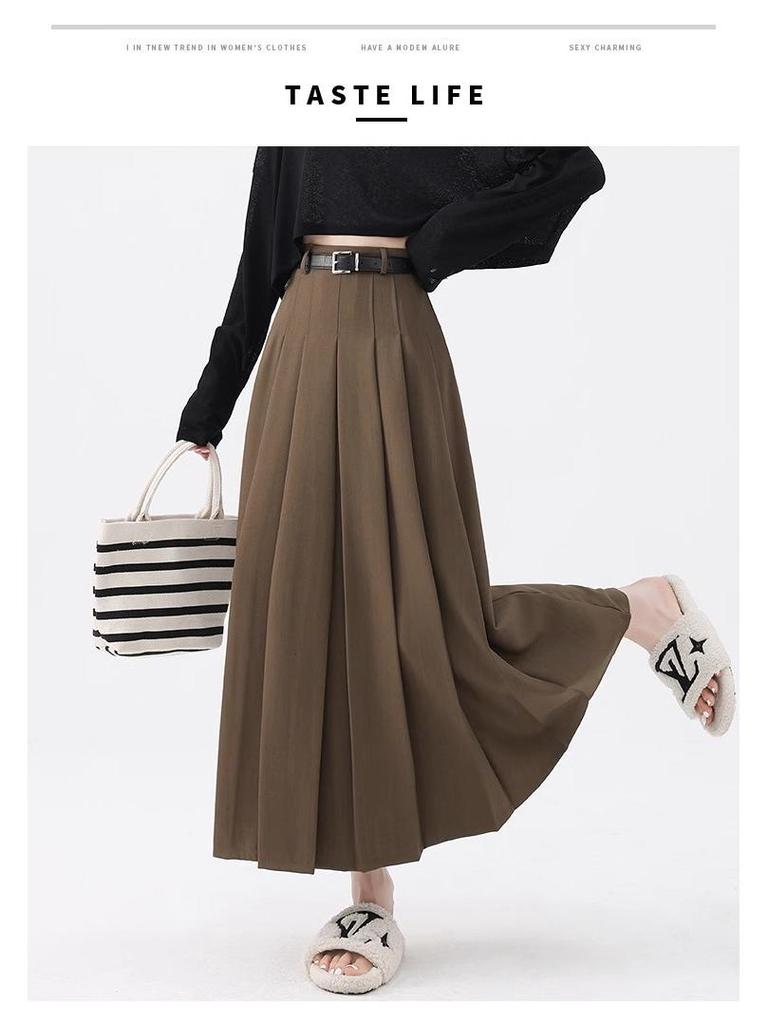 Women's High Waist Gray A-Line Pleated Mid-Length Skirt - Spring, Summer, Autumn 2025