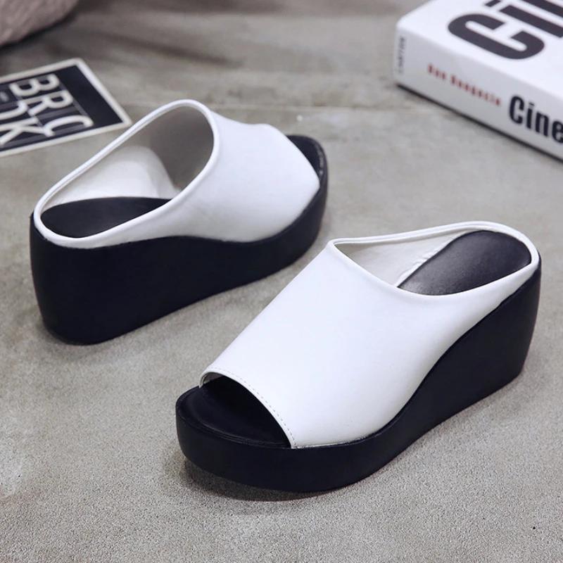 Slippers for Women Summer Open-toe Platform Sandals Lightweight Pu Leather Slipper Womens Mules Slippers Fashion Wedges Slippers