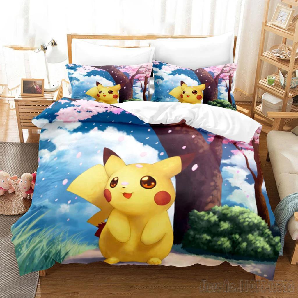 Pokemon Bedding Set Cartoon Anime Children Bedroom Quilt Boy Girl Bedclothes Single Double King Pikachu Duvet Cover Gift