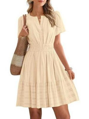 Europäisches & Amerikanisches V-Ausschnitt Plissiertes Puffärmel Lagenkleid für Damen