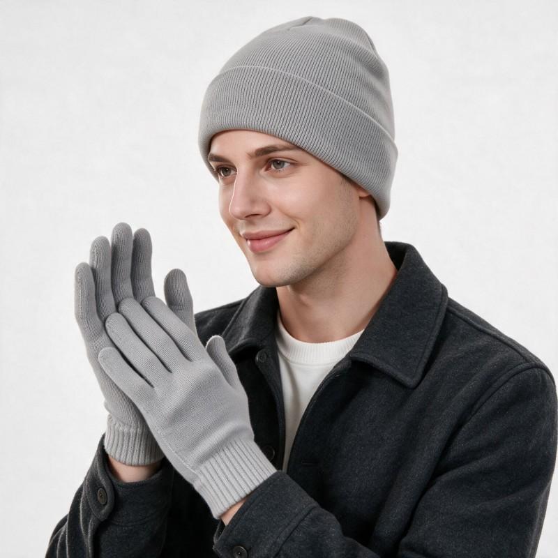 Unisex Winter Knit Beanie Hat Gloves Set Warm Acrylic Cap Outdoor Cold Weather Casual Wear