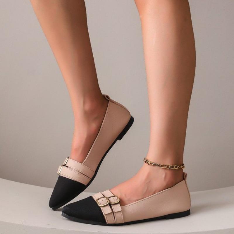 Fashion Color Matching Large Size Single Shoes Summer New Pointed Head Cloth Shallow Mouth Metal Buckle Soft Sole Non-slip Flat Shoes