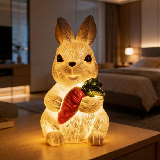 Resin Bunny Figurine Light Up Bunny Holding Carrot Statue Easter Rabbit Sculpture for Spring Farmhouse Home Table Decor