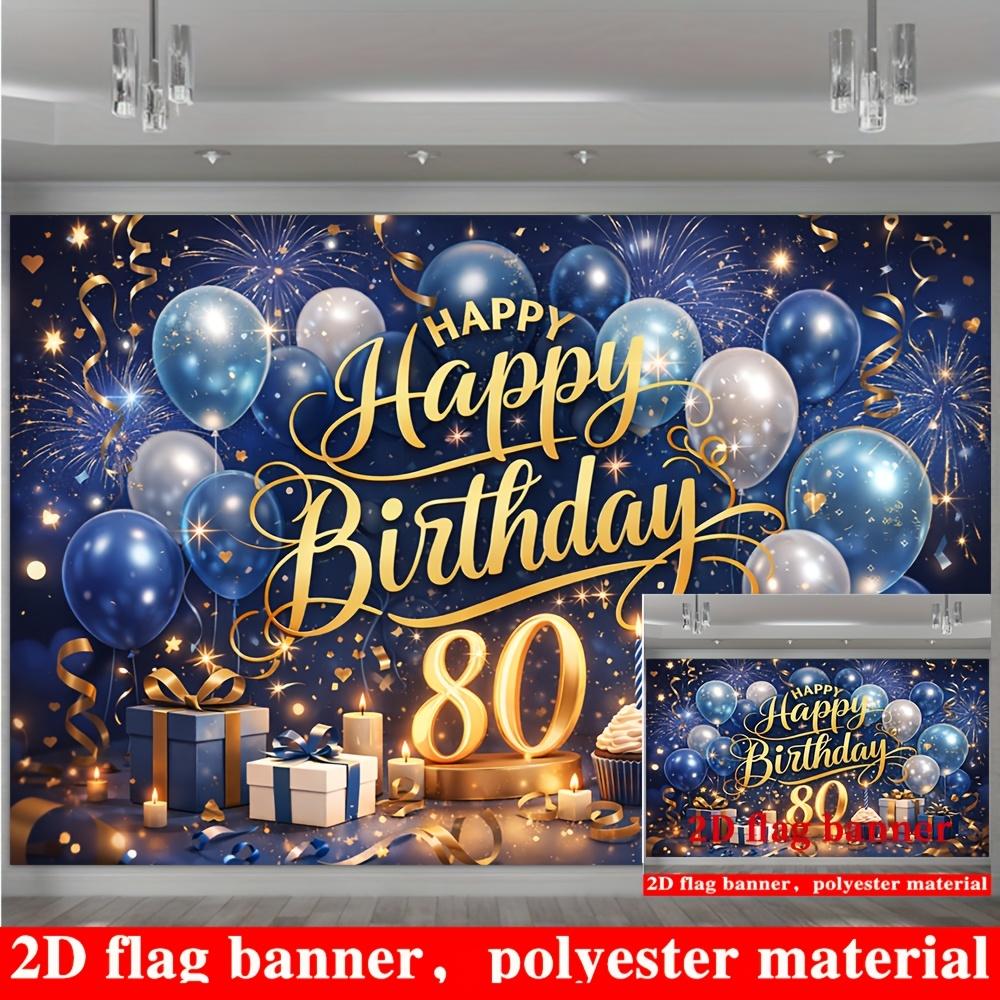 Striscione 80° Buon Compleanno Sfondo Palloncini Blu Argento Candele Poliestere