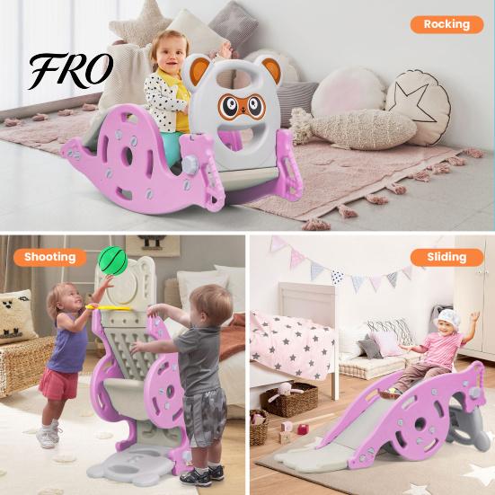 Combination Slide 4-in-1 Kids Rocking Toy, Portable for Children, Horse Long with Basketball Hoop, Convertible Freestanding Age 1-6 Boys And