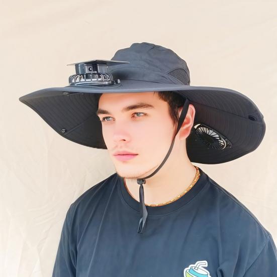 Fan Hat Wide-Brimmed Outdoor Hat with Dual-Power Fan Design Solar USB Charging Hiking Cycling Fishing Sun Hat