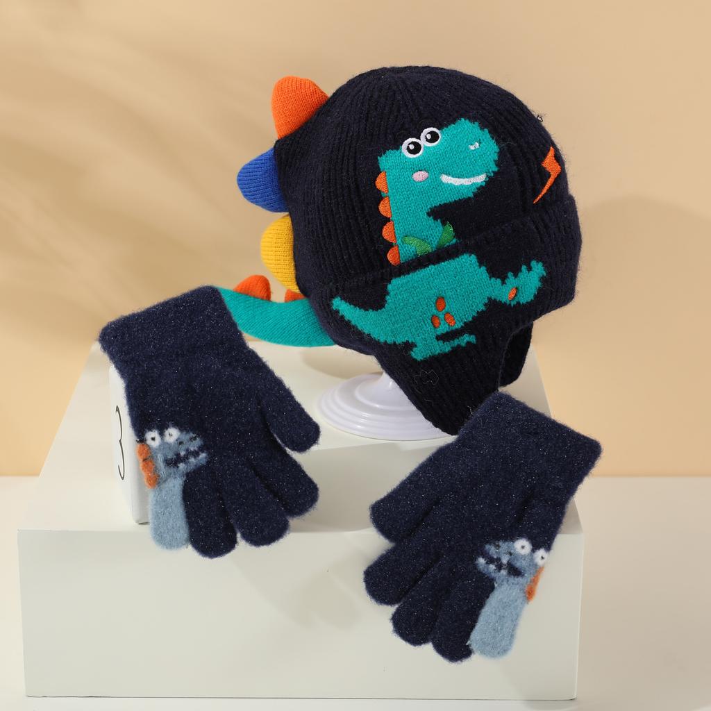 2pcs Youngsters's Hat and Glove Set Autumn Winter Thickened Warm Cute Dinosaur Knitted Beanie Windproof Protection Cap Suitable