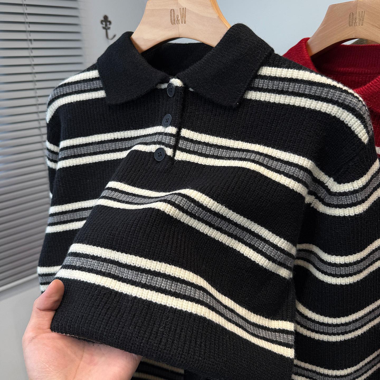 

American Striped Lapel Sweater - New Arrival: Men s Slim Fit, Versatile Color Block Knit Top XL чорний