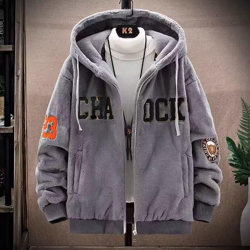 Men's Lamb Fleece Embroidered Hooded Jacket - Warm, Loose Fit for Autumn & Winter