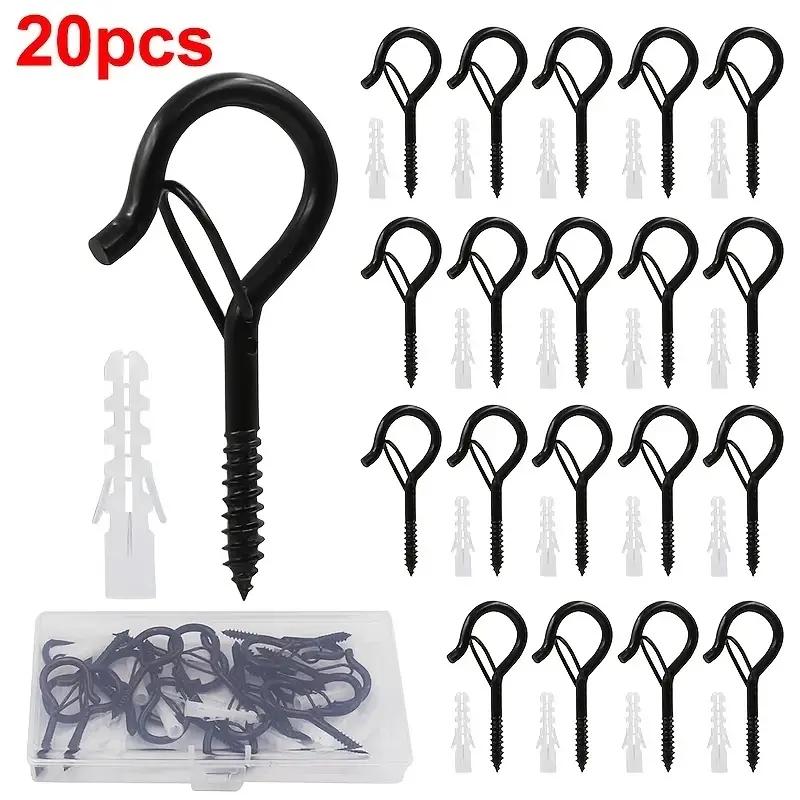 

20 шт. наружных ветроустойчивых винтовых крючков, крючки для гирлянд в виде вопросительного знака с предохранительной пряжкой, потолочные крючки для подвешивания рождественской гирлянды L чёрный