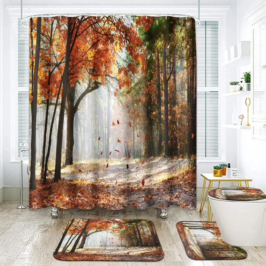 Forest Leaves Trail Waterproof Bathing Shower Curtain Set With 12 Hooks Toilet Covers Bath Mat For Bathroom Non-Slip Rug Carpet