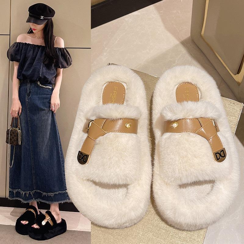Thick-soled Wool Slippers Women's Autumn and Winter Outer Wear Gentle Fluffy Shoes One-word Drag Design Sense Large Size Plush Drag