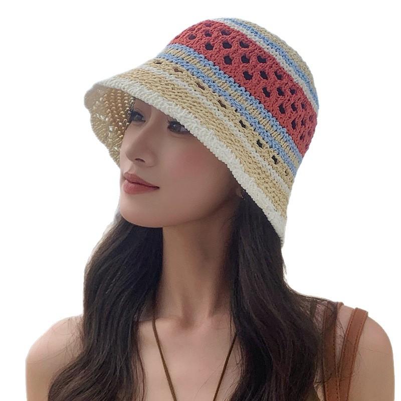 Women Striped Hollow Crochet Bucket Hat Breathable Openwork Wide Brim Sun Cap Lightweight Fisherman Hat for Summer Casual Sun Protection