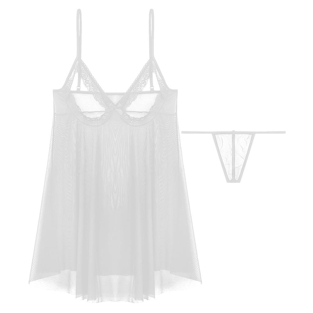 Dámská průsvitná síťovaná souprava spodního prádla - Plus size krajková babydoll s nastavitelnými ramínky a G-string noční prádlo