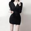 Royal Sister Style Black V-Neck Slim-fit Short Dress for Autumn/Winter