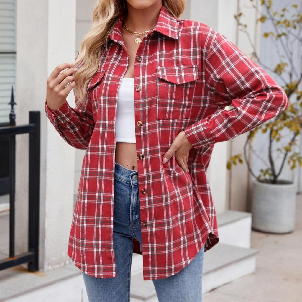 Chaqueta estilo camisa de cuadros anchos con bolsillos y botones sueltos y mangas largas para mujer