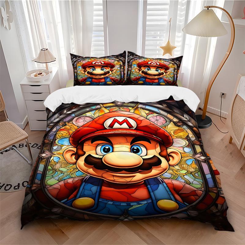 

3pc Mario Stained Glass Bedding Set Guest Room Bedroom Decor Christmas Halloween Decor Birthday and Holiday Gifts- All Seasons 3pcs Quilt 090 135x200cm