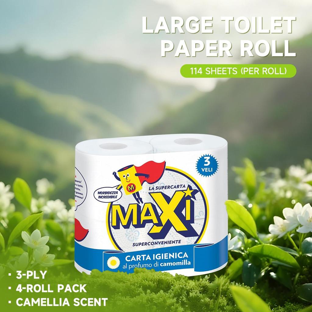 MAXI Papier Toilette Ultra Doux au Toucher Moelleux, Papier Toilette, 4 Rouleaux, Sans Danger pour les Fosses Septiques.