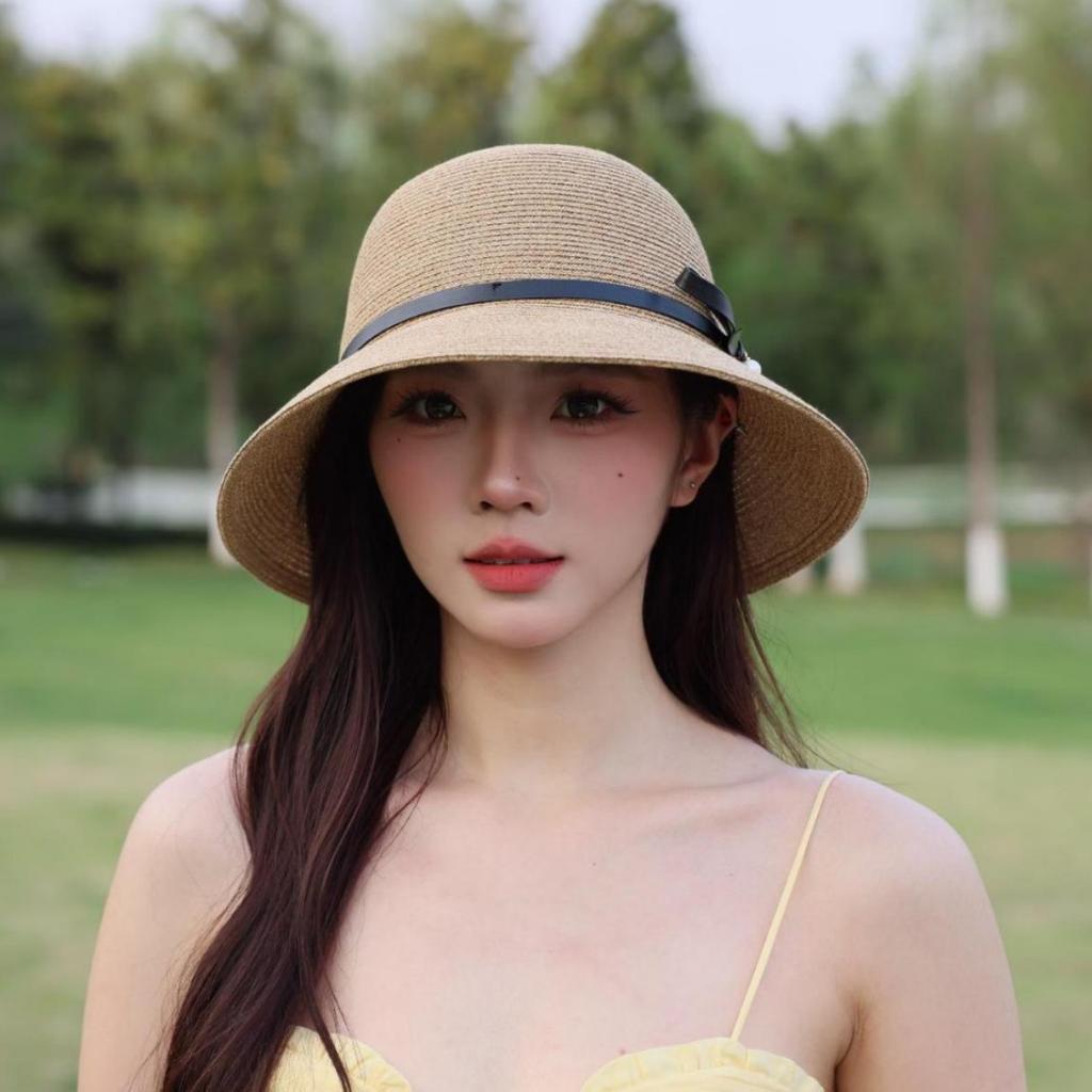 Front big and back small straw woven basin hat summer retro temperament simple bow fisherman hat children's sunshade straw hat