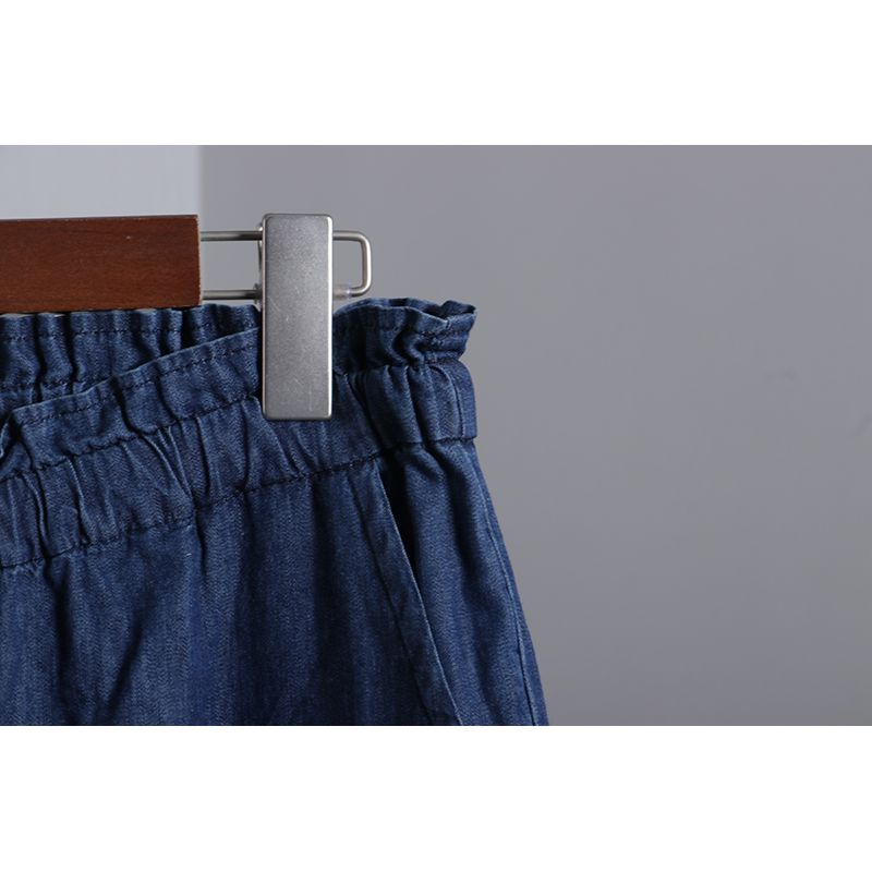 Tencel Dark Blue Lace Elastic Waist Spring and Summer Straight-Leg Pants