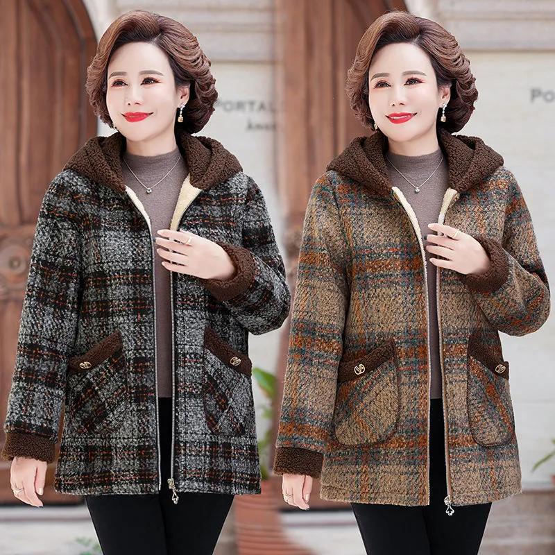 Kabát pro ženu středního věku Zimní parky Tvídový vlněný kabát Fleecová zateplená bunda s vatovou výplní Dámské nadměrné Teplé svrchní oblečení