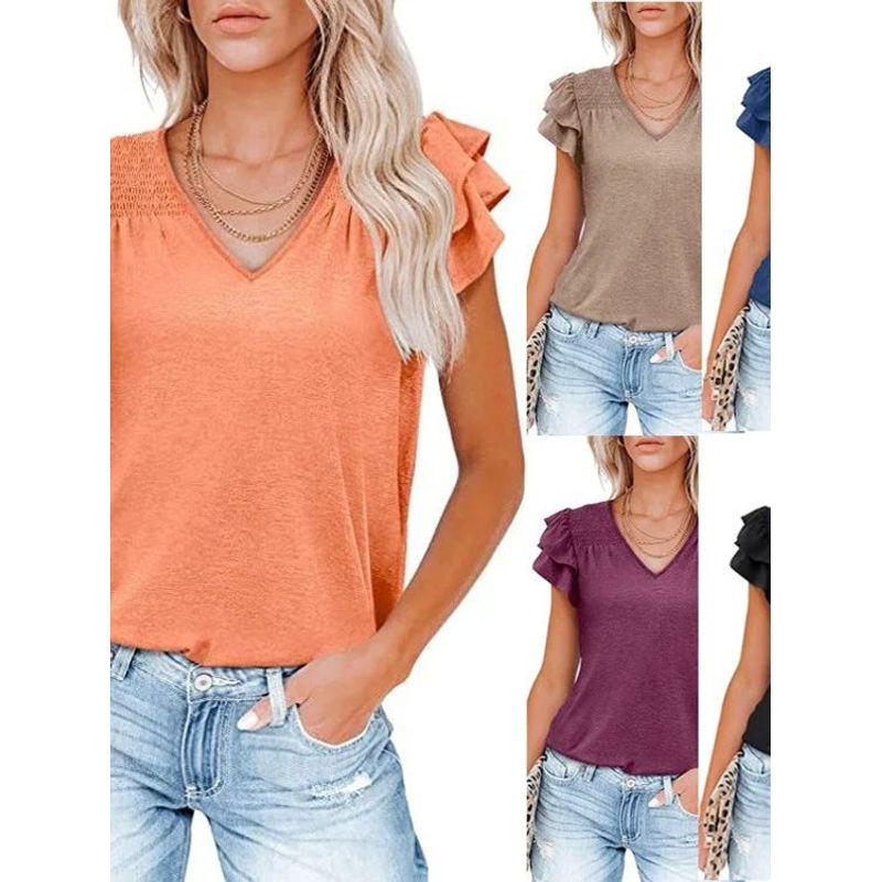 Solid Color V-neck Short-Sleeve T-shirt Solid Color and V-neck Pleated Short Sleeves T-shirt Women