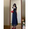 Women's Blue Polka Dot Puff Sleeve French Cinched Waist Long Summer Dress