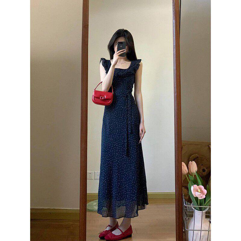 Women s Blue Polka Dot Puff Sleeve French Cinched Waist Long Summer Dress Medium синий