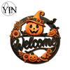 Wooden Craft Hanging Decoration Halloween Pumpkin Ghost Welcome Door Hanger Sign, Cute Wall Ornament with Bell Holiday Sign for Store Entry