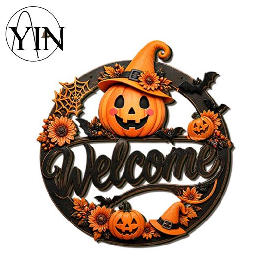 Wooden Craft Hanging Decoration Halloween Pumpkin Ghost Welcome Door Hanger Sign, Cute Wall Ornament with Bell Holiday Sign for Store Entry