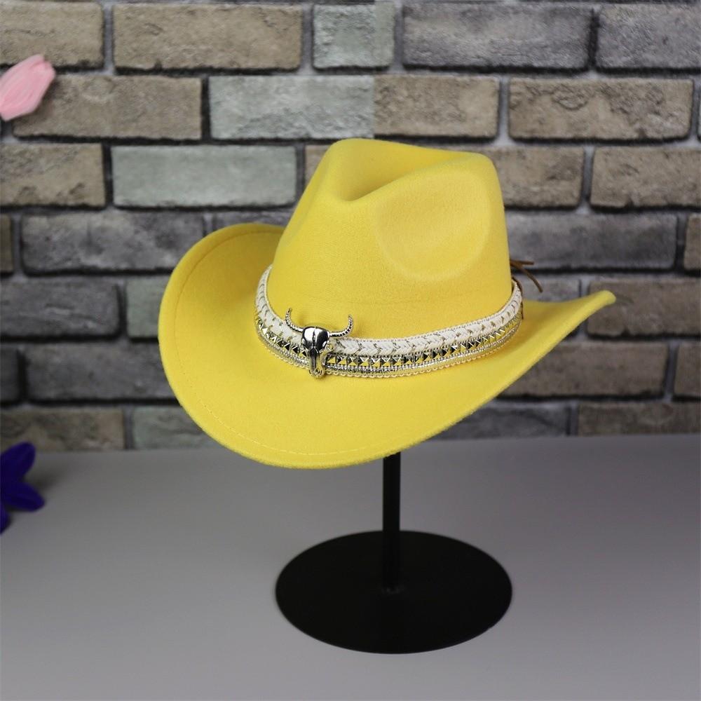 

BEPAN Wide Brim Western Cowboy Cap Woolen Alloy Bull Cowgirls Visor Cap Ethnic Style Lightweight Sun Protection Knight Hat жовтий