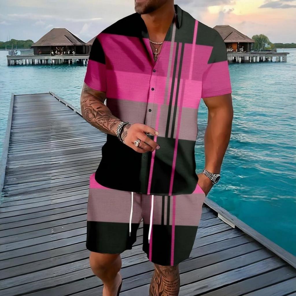 Traje Retro para Hombre Rayas Verano Exterior Manga Corta Moda Pantalones Cortos Casuales Simple Hawái Conjunto de 2 Piezas Ropa Oversize para Hombre