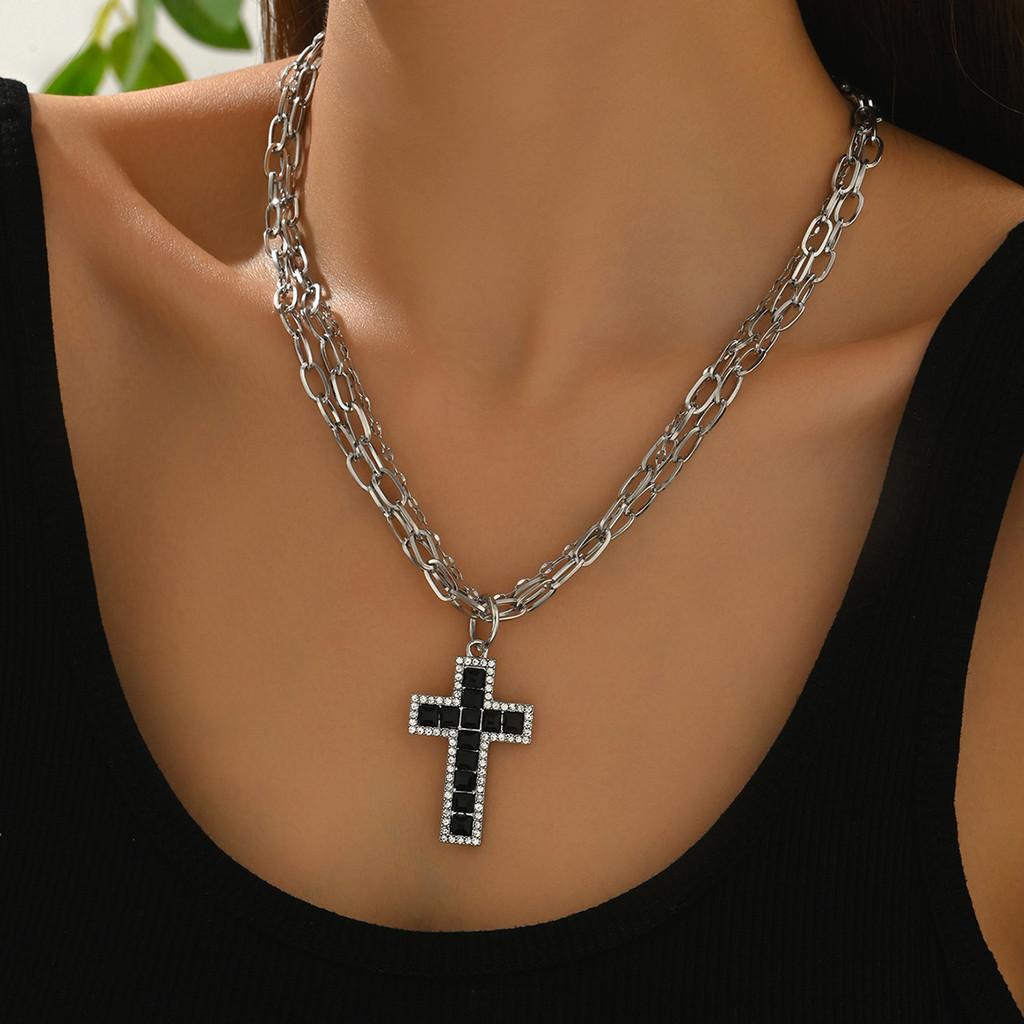 Gothic Cross Pendant Necklace With Geometric Alloy Chain For Men And Women