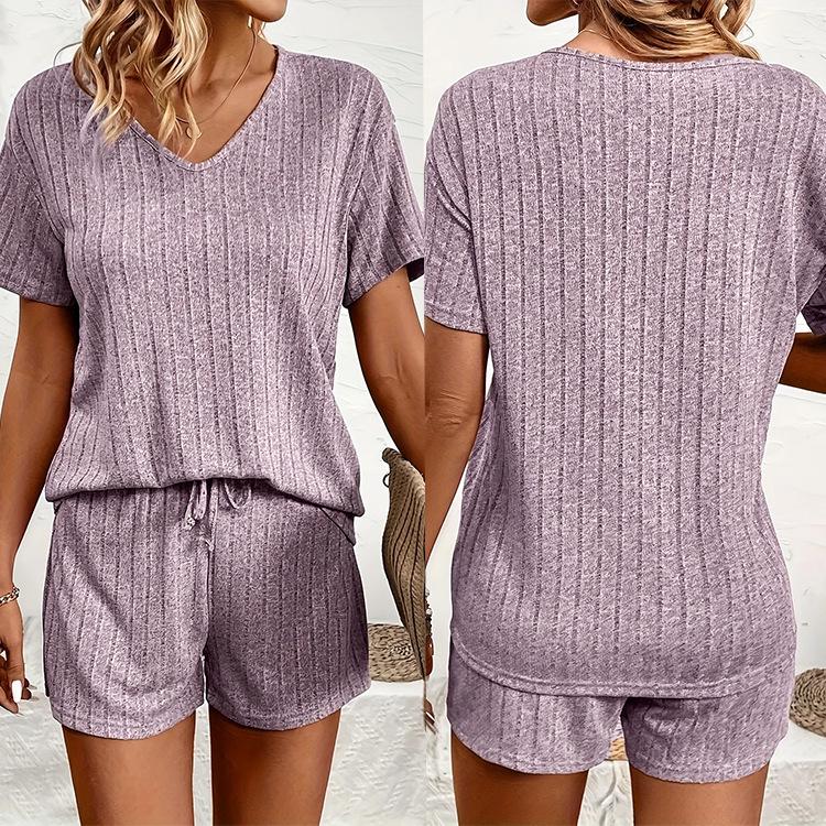 2025 Summer European & American Style V-Neck T-Shirt and Shorts Pajama Set for Women