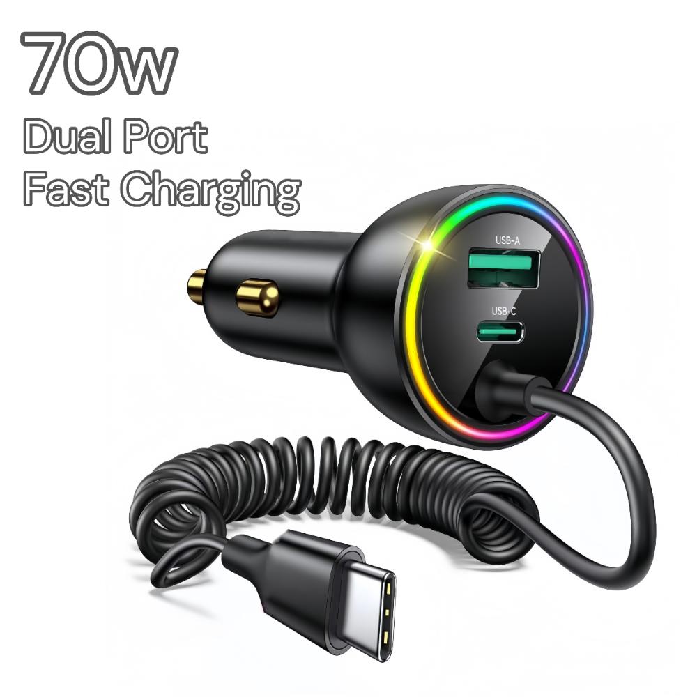 70W USB C Type-C Car Charger Black LED Light Spring Charging Cable Super Fast Charge for iPhone 16 15 Pro Max