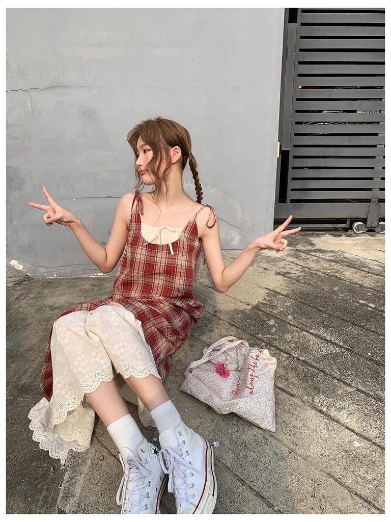 Red Plaid Lace Spaghetti Strap Dress - Women's Summer Beach Holiday Style