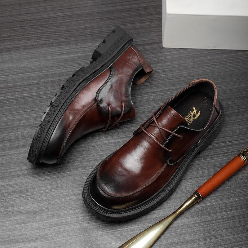 Autumn men's shoes leather round head breathable retro British style casual leather shoes business lace-up platform trend single shoes men